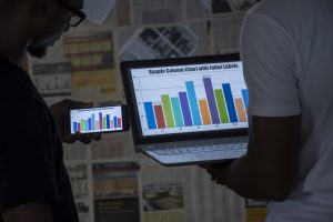 A closeup of people discussing charts on a laptop and a phone - future planning concept