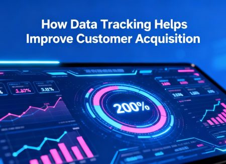 A digital dashboard on a screen displays various data analytics and graphs, highlighting how data tracking can improve customer acquisition.