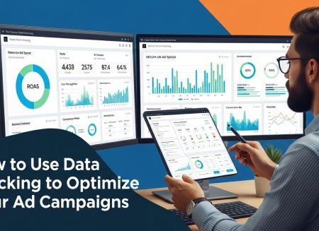 A man analyzes data dashboards on two monitors and a tablet, with a banner reading "How to Use Data Tracking to Optimize Your Ad Campaigns.